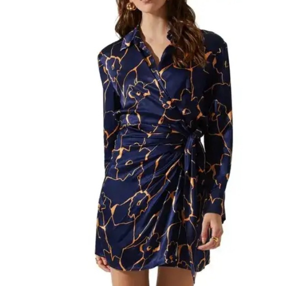 Astr Navy and Gold Floral Long Sleeve Dress